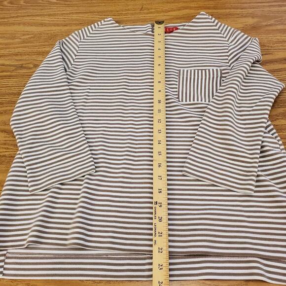 Elle Women’s Boatneck Top Beige White Stripe Ribbed 3/4 Sleeve Pocket Size XL - Picture 10 of 10